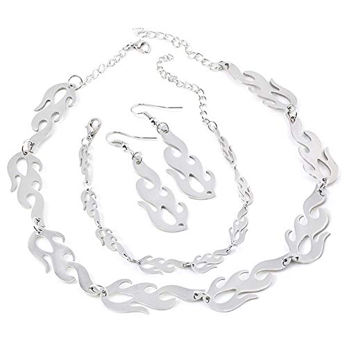 Hip Hop Flame Choker Necklace Earing Set Streetwear Punk Style Gold Black Pendant Necklace Accessory Cool Rock Chain Necklace Jewelry Accessories for Hip Hop Male Female Lovers