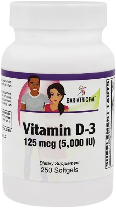 BariatricPal Vitamin D-3 125mcg (5000 IU) - Easy Swallow Vegetarian Softgels (250ct Bottle)