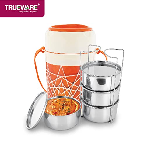 Image of Trueware Trendy 4 Inner Steel Outer Plastic thermoware Lunch Box | 4 Container 300 ML Each-Orange | PU Insulated | Lunch Box | Tiffin | Hot lunch box | Leak Proof | Easy to Carry | Hot & Cold Food Grade| BPA Free | Stainless Steel Dabbi | Office | Outdoors | For Men, Women, and Kids
