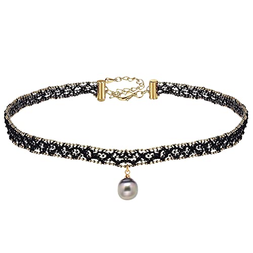 Paialco Cultured Tahitian Black Pearl Lace Choker Cocktail Dress Necklace, 9Mm #TOP4