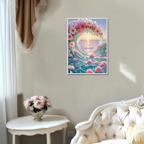 Image of AiYuanzsh Sunset Ocean Diamond Art Kits for Adults, Flower Waves Diamond Painting Kits for Adults Beginners, 5D DIY Full Drill Round Rhinestone Gem Art Crafts Paintings for Home Wall Decor 12 inchx16 inch