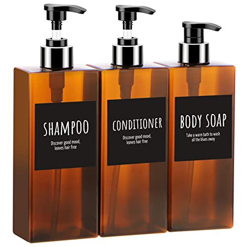 Image of Segbeauty 3pcs 13.5oz Empty Refillable Pump Bottle Dispenser with Labels, 400ml Plastic Shower Bottles for Lotion Body Soap Shampoo Conditioner Gel Hotel Bathroom Brown