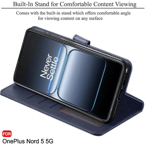 Image of TheGiftKart heGiftKart Genuine Leather Finish Flip Back Cover Case for OnePlus Nord 5 5G | Inbuilt Pockets & Stand | Wallet Style | Designer Button Magnet Flip Back Cover Case (Faux Leather, Blue)