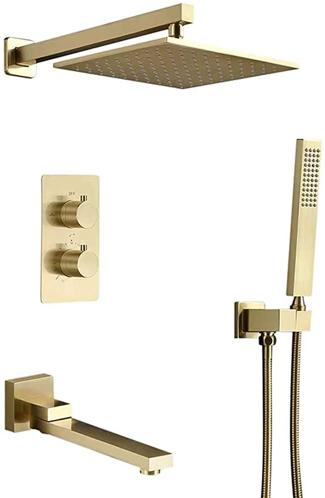 SBCGFY Faucets,Shower System,Tatic Brass Brushed Shower Taps Set With 10-12" Brass Rainfall Shower Head And Ld Shower And Tub Taps, Wall Mounted Shower Set/12 Inch,Size_Name-12 Inch