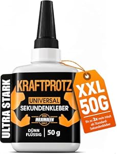 KRAFTPROTZ – Sekundenkleber extra flüssig – XXL 50 g Superkleber mit Kapi
