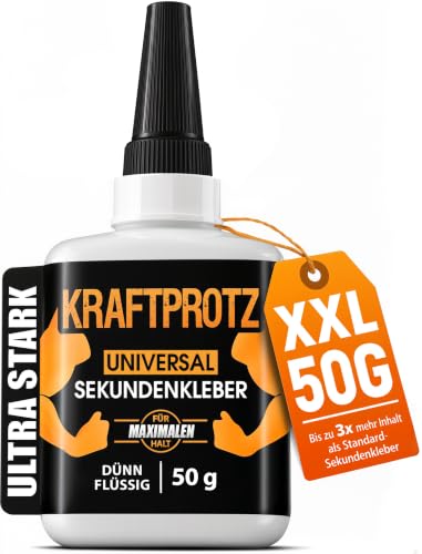 Sekundenkleber extra flüssig XXL 50g Superkleber mit Kapillarwirkung ultradünn transparent wasserfest & hitzebeständig KRAFTPROTZ Präzisionskleber für Holz Glas Metall Kunststoff