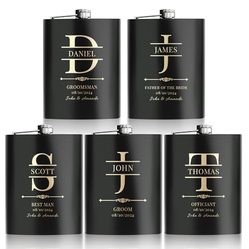 Groomsmen Flasks, Set of 5 Personalized Groomsmen Gifts for Wedding, Custom Engraved Whiskey 304 Steel Stainless Flasks for Groomsman Best Man Groom Father of Bride, Black