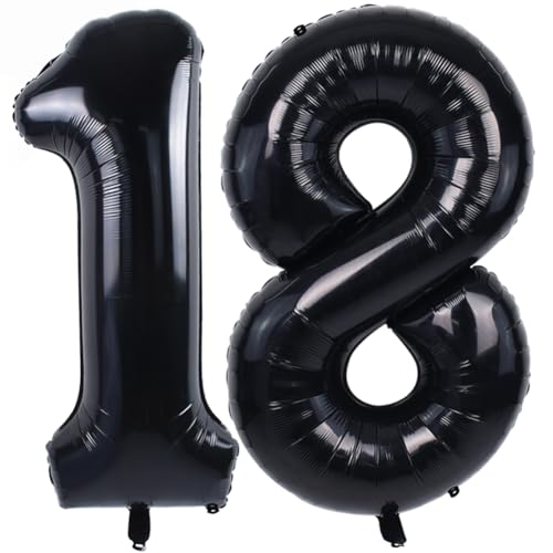 Image of TONIFUL 40 Inch Black Number 18 Balloon Large Foil 18th Birthday Decoration | Black 18 Balloon Number Eighteen for Milestone 18th Birthday Party 18th Anniversary, Black Birthday Decor for Men Women