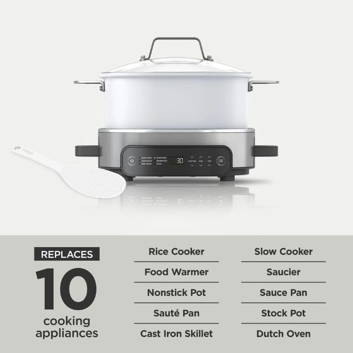 Graphic showing the PossibleCooker replaces 10 cooking appliances: Rice Cooker, Food Warmer, Nonstick Pot, Sauté Pan, Cast Iron Skillet, Slow Cooker, Saucier, Sauce Pan, Stock Pot, Dutch Oven.