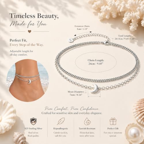 Image of CHIC & ARTSY 925 Sterling Silver Ankle Bracelets for Women, Adjustable Double Layer Chain Anklets, Minimalist Lightweight Foot Jewelry for Beach & Everyday Wear