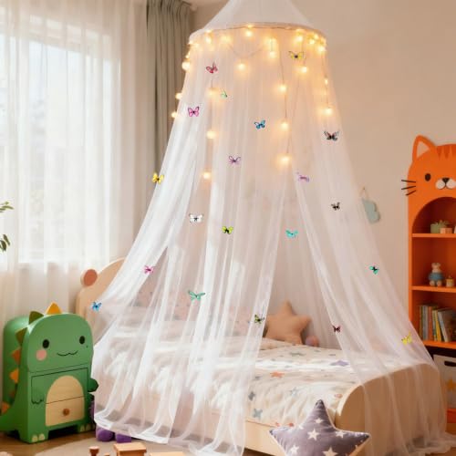 Image of White Bed Canopy with Lights and Butterflies for Girls Bed Net,Princess Canopy with DIY Butterfliesfor Girls Bed Room Decor