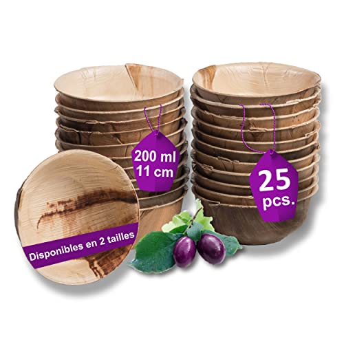 Waipur Bols Jetables en Palmier Bio - 25 Bols de 11 cm /200 ml - Coupelle Jetable de Qualité Supérieure - Stable, Naturelle et Compostable - Verrines Plastique Dessert similaire