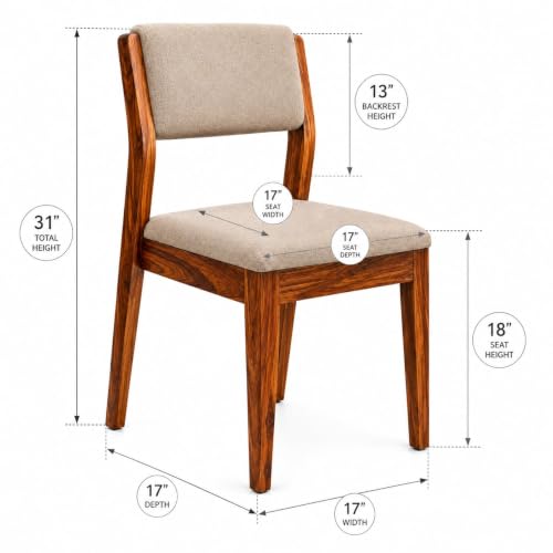 Image of Genuine Decor Solid Sheesham Wood Dining Chairs Set of 2, Beige Upholstered Cushioned Seat, Rustic Teak Brown Finish, Wooden Dining Chair for Dining Room, Kitchen & Living Room, Made in India