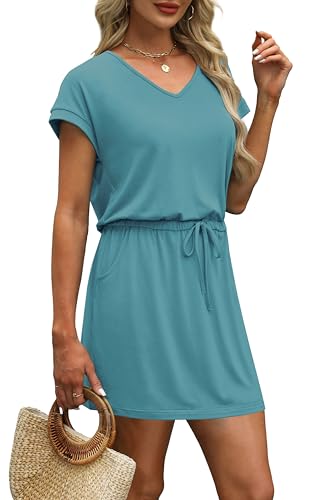 Image of OFEEFAN Summer Dresses for Women 2026 V Neck T Shirt Casual Mini Dresses Tie Waist Sundresses with Pockets