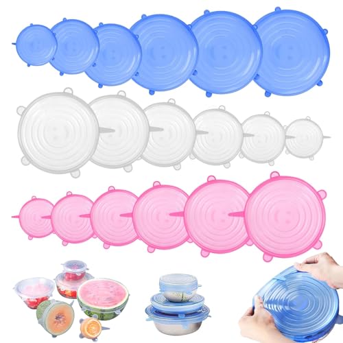 18 Piezas Tapas Silicona Ajustables Cocina, 6 Tamaños Diferentes Tapas Silicona Ajustables Cocina, Libre de BPA, Universal Tapaderas para Cuencos, Tazas, Latas, Frutas