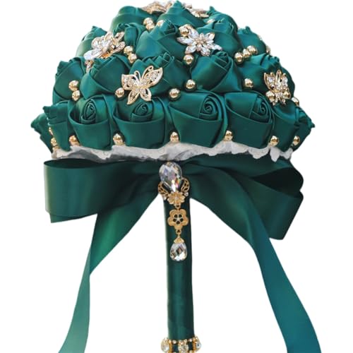 Mhojpik Bridal Wedding Bouquet Round Holding Bouquet Throw Toss Artificial Rose Flower Bunch for Bride Bridesmaid Wedding Quinceanera(Dark Green, 7.1")