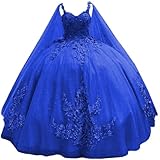TRHTX Sparkly Royal Blue Quinceanera Dresses with Cape Spaghetti Straps Vestidos de 15 años Quinceañera Lace Beaded Sweet 16 Dresses 4