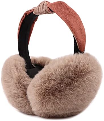 Faux Fur Earmuffs for Women Winter Foldable Ear Warmers Girl Headband Bow Ear Covers Women Fleece Ear Muffs for Girls Outdoor (Khaki)
