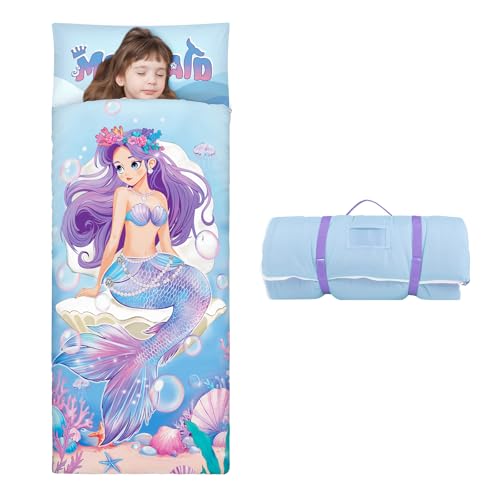 Schlafsack Kinder Doppelter Reißverschluss Weich Warm, Faltbare Kinderschlafsack mit Kissen Abnehmbar für Mädchen Jungen, Leicht Reinigen Schlafsack für Outdoor Indoor Camping, 150×60cm Meerjungfrau
