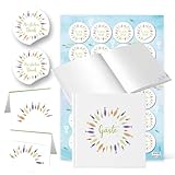 Set Gästebuch 15x15 cm + 25 Tischkarten + 24 Aufkleber Fischmotiv - christliche Feste wie Taufe, Kommunion & Konfirmation - Logbuch-Verlag