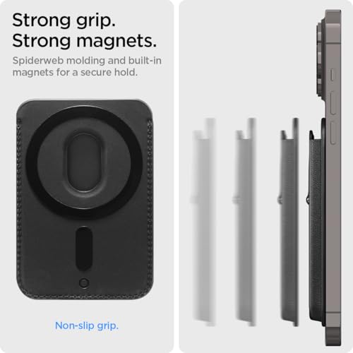 Image of Spigen for MagSafe Wallet, Holds 3 Cards, MagFit Compatible with iPhone 17 /16 /15 /14 /13 /12 Models, Pixel 10 Series, MagSafe-Cases, Pixelsnap and More, Card Holder - PU Black (3-Cards /Kickstand)