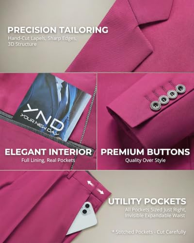 Image of YND Men's 3 Piece Suit with Tie, Solid Color Slim Fit Jacket Vest and Pants