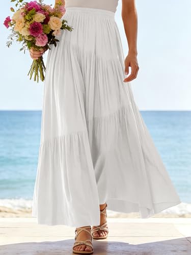Image of ANRABESS Women's Boho Elastic High Waist Pleated A-Line Flowy Swing Asymmetric Tiered Maxi Long Skirt Dress with Pockets