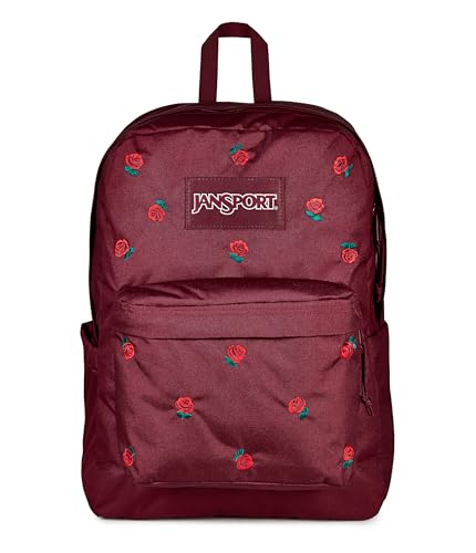 Image of JanSport Superbreak Plus FX Backpack - Work, Travel, or Laptop Bag with Water Bottle Pocket, Superbreak Plus Fx, Just A Rose Emb Cherry Lacquer /Grn /Red