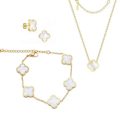 Parure de bijoux trèfle à quatre feuilles plaqué or 18 carats en acier inoxydable double face - Collier boucles d'oreilles bracelet bague Saint Valentin...