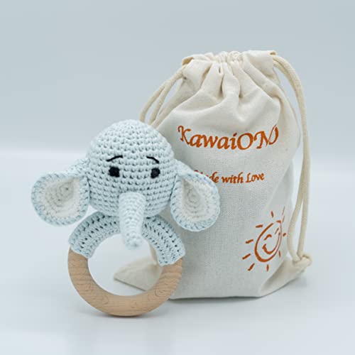 Kawaiono Handmade Cotton Crochet Rattler For Baby, Natural Amigurumi Crochet Elephant On Natural Teething Ring Rattle, Infant Toys (Blue Elephant) #TOP20