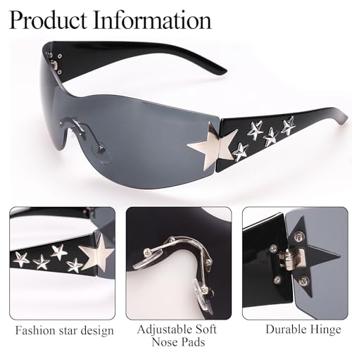 Star Y2K Sunglasses for Women Rimless Shield Wrap Around Sunglasses Oversized Fashion Aesthetic Glasses Shades2