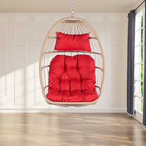 Outdoor Indoor Hanging Egg Swing Chair Without Stand,Folding Patio Rattan Basket Chair with Cushion and Pillow,Lounge Leisure Chair for Balcony,Hammock Chair Weight Capacity 280Lbs-Red