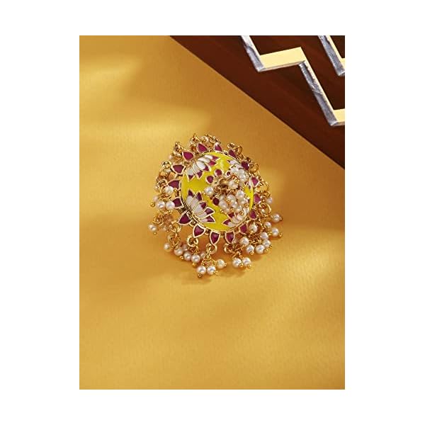 ZAVERI PEARLS Yellow & Pink Meenakari Lotus Design Cluster Pearls Adjustable Ring For Women-ZPFK13521 - Image 3