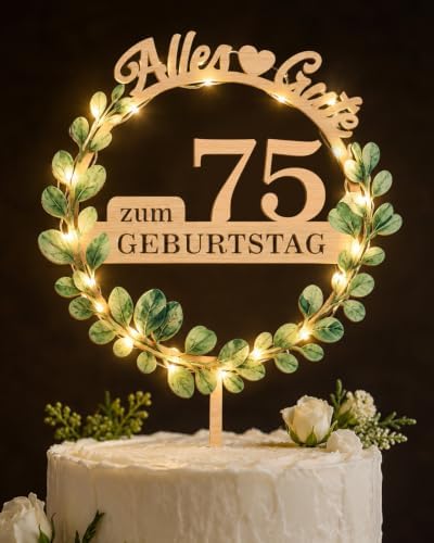 Giftota Eukalyptus Tortendeko 75 Geburtstag Deko Männer Frauen | Elegant Cake Topper 75 Geburtstag aus Holz Eukalyptus Deko Torte mit LED Lichterkette - Tortendeko 75 Jahr