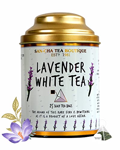 Image of Sancha Tea Boutique, Lavender White Tea, 25 Pyramid Tea Bags | Calming Floral Blend of White Tea, Lavender & Mint | Antioxidant-Rich Relaxation Tea