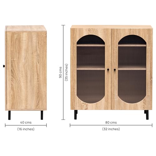 Image of Rocco Stellar Bookshelf with Auto LED Lights & Acrylic Fluted Doors | Engineered Wood Bookcase | Adjustable Shelves, Scratch-Resistant | Living Room, Library & Office (Oak, Medium Size)