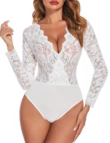 Body à manches longues col en V dentelle blanc femme haut entrejambe boutons-pression