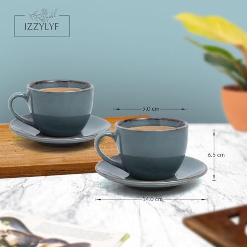 Image of 'Ocean Mist Blue' Durable Ceramic Tea Cup with Saucer Set of 12pcs(6Cup & 6Saucer) | Elegant Chai Cup | Microwave & Dishwasher Safe | Drinkware for Home, Office, Cafe, Guests Serving & Gifting
