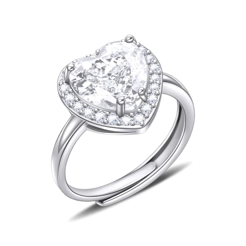 Heart Shaped Birthstone Rings for Women, Crystal Diamond Halo Open Bands Cubic Zirconia Rings Adjustable Wedding Band Engagement Ring Promise Rings for Her Anniversary Wedding Gifts