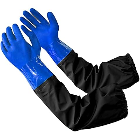 Long Pond Gloves, 26.77" Drain Gloves, Long Rubber Gloves, Waterproof Drain Cleaning Gloves Acid and Alkali Resistance Pond Cleaning Gloves, Full Arm Gloves for Aquarium and Pond Maintenance, Blue Cover