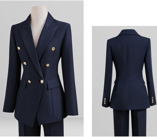 Women's Two Pieces Casual Suit Double Breasted Jacket with Golden Buttons Peak Lapel Business Tuxedos2