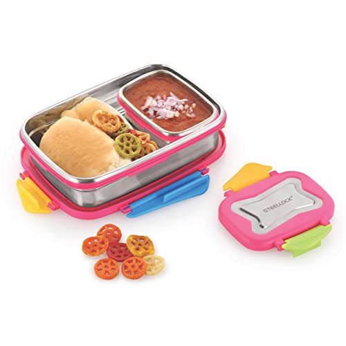 Image of STEELLOCK Smart Stainless Steel Tiffin Lunch Box 2pc Set for Kids and Adults - Airtight Leakproof Rectangle Combo with Steel Lids - Juliet 750ml & 170ml for School & Office
