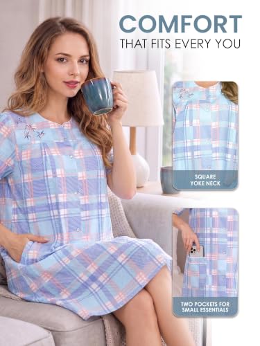 Image of Casual Nights Women's Snap - Front House Dress Short Sleeve Woven Housecoat Duster Lounger Robe with Pockets
