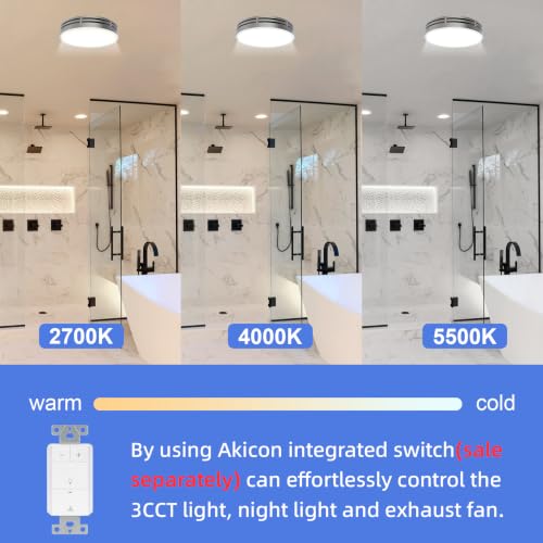 Image of Akicon Bathroom Exhaust Fan with Light, 110CFM, 2.0 Sones for Ceiling, 1000lm Dimmable LED Light and 150lm Nightlight Dual Color Bathroom Vent Fan for Home, Round, Sliver