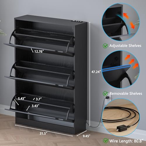 BORNOON Shoe Cabinet with Odor Control and Back Panels, Deodorizing Slim 3-Flip Shoe Storage Cabinet for Entryway, Freestanding Hidden Shoe Rack Organizer for Entrance, Hallway, Bedroom