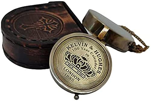 Brújula Vintage de Latón acabado antiguo Kelvin Hughes 100 Year Calendar | Con hermosa funda de cuero | Brújula de navegación artesanal de latón estilo vintage para camping y actividades al aire libre miniatura 6