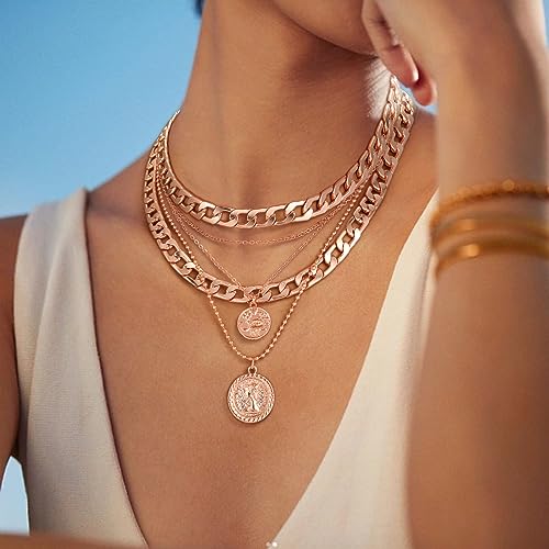 Mjartoria Gold Layered Necklaces For Women Trendy Retro Coin Pendant Necklace Dainty Chunky Chain Choker Necklaces For Jewelry Birthday Gifts  thumb #2