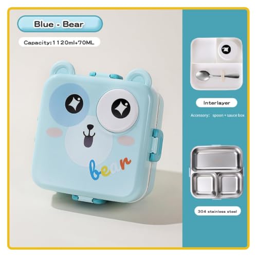 Image of YELONA 2-Layer Cartoon Shape Kids Lunch Box | Stainless Steel Inner, 3 Compartments | Airtight Leak-Proof BPA-Free Meal Box | 1120 ML + 70 ML Sauce Cup | School, Picnic Tiffin for Girls & Boys