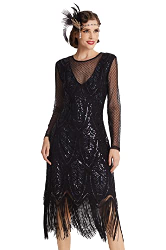 BABEYOND Women's Gatsby Flapper Dress - 1920s Long Sleeves Sequin Beaded Dress for Party Black