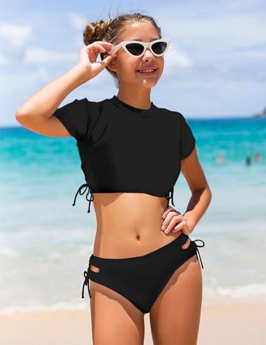 CRISONE Girls Swimsuits Short Sleeve Bathing Suit Solid 2 Piece Drawstring Swimwear2